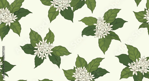 Seamless vintage pattern of blooming coffee plant branches with white flowers on a soft cream background for cafe decor.