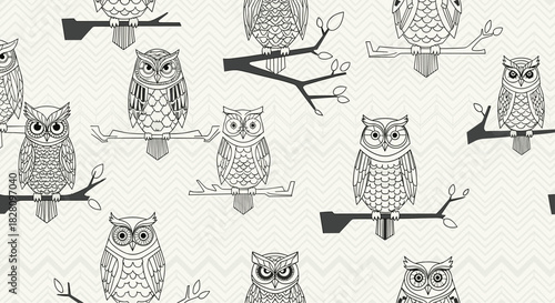 Seamless monochrome pattern of hand-drawn owls perched on branches over a subtle chevron background for a whimsical design.