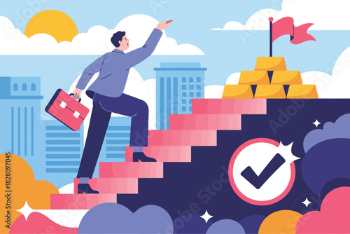 A determined businessman climbs a staircase towards a goal of gold bars and a flag, symbolizing success and ambition.