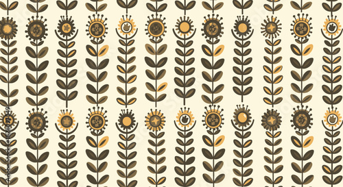 Seamless folk art floral pattern with vertical rows of stylized flowers in a warm brown and gold color palette.