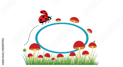 Cute nature frame with a ladybug crawling around a blank oval surrounded by red mushrooms and green grass for kids.