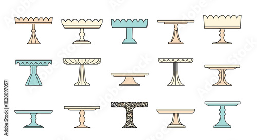 Set of various cake stand illustrations in a simple outline style with pastel colors perfect for bakery or party designs.