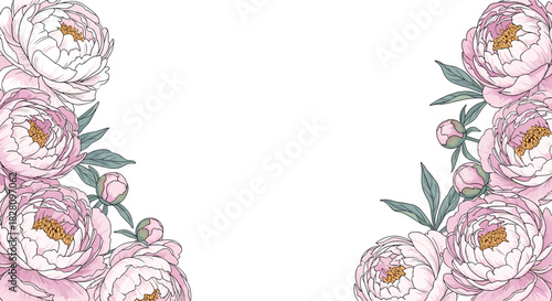 Elegant floral frame with beautiful hand-drawn pink peony flowers on opposite corners for a wedding invitation background.