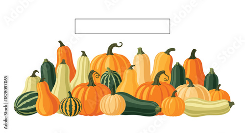 Autumn harvest composition with a variety of pumpkins and squashes piled together below a blank text box on white background.
