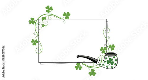 St Patrick's Day frame with a border of green shamrocks and a decorated smoking pipe on a clean white background.