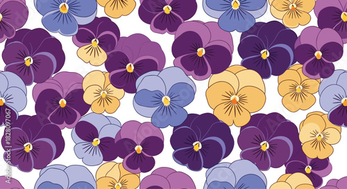 Seamless floral pattern of colorful purple blue and yellow pansy flowers scattered on a clean white background design.