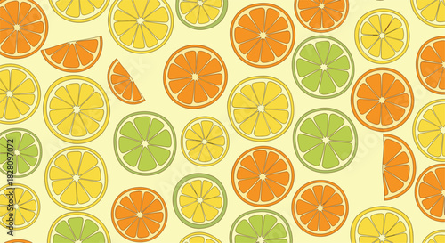 Seamless retro pattern with slices of citrus fruits like oranges lemons and limes on a pale yellow background.