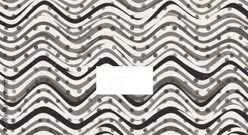 Monochrome abstract background with wavy lines and polka dots creating a dynamic modern pattern with a blank text box.