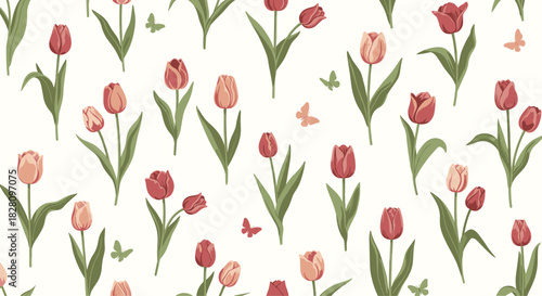 Elegant seamless pattern with vintage-style red and pink tulips and small butterflies on a light cream background for spring.