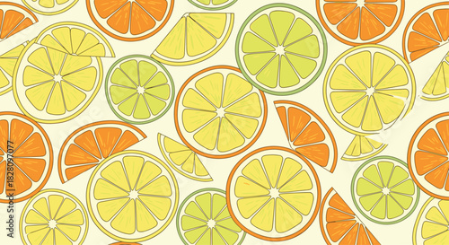 Seamless background with a hand-drawn pattern of citrus fruit slices including oranges lemons and limes for a summer design.