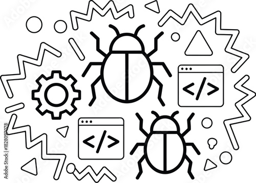 Two cartoon beetles represent bugs in a computer code with geometric shapes in the background.