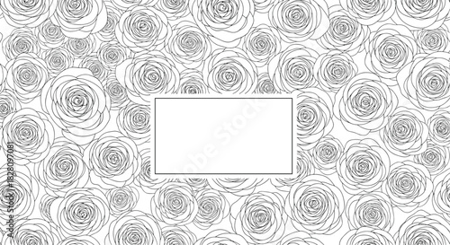 Monochrome background with a dense pattern of hand-drawn rose outlines and a blank rectangular label for text or a logo.