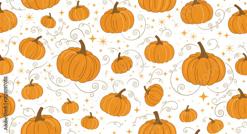 Seamless autumn pattern with cute orange pumpkins golden stars and whimsical swirls on a clean white background for fabrics.