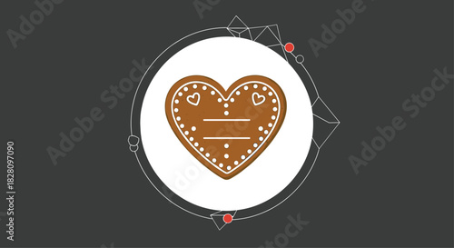 Modern graphic design with a gingerbread heart cookie inside a white circle on a dark background with geometric elements.