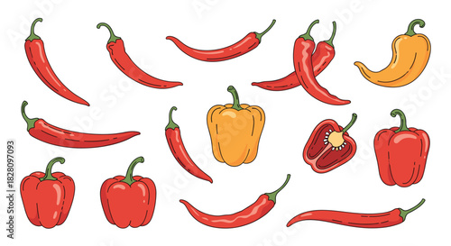 Collection of various hand-drawn red and yellow peppers including chili and bell peppers isolated on a white background.