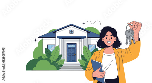 Happy real estate agent or new homeowner holding up keys in front of a modern suburban house with lush greenery.