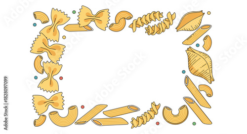 Food-themed rectangular frame made from various types of uncooked Italian pasta with colorful dots on a white background.