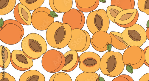 Seamless repeating pattern of cute cartoon apricots both whole and halved creating a fresh and fruity summer background design.