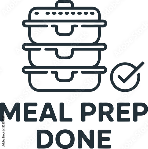 Stack of food containers with a checkmark signifies meal prep is completed and ready.