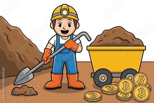 A cartoon miner digs for Bitcoin in the digital earth with a shovel next to a cart filled with soil and several Bitcoin coins.