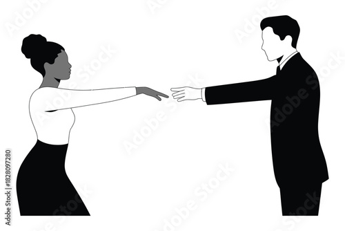A man and a woman reach out their hands to each other in a stylized illustration.