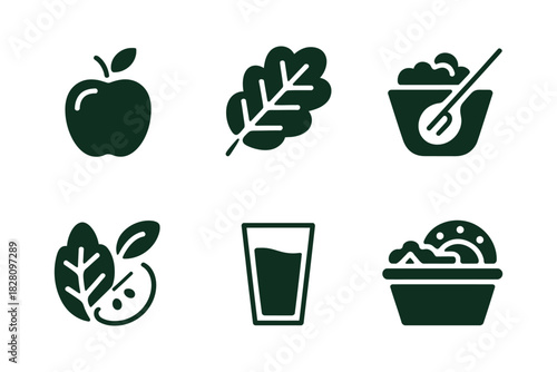 A collection of healthy food and drink icons representing fruits and salads.