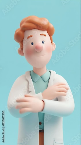 Smiling Cartoon Doctor in White Coat with Red Hair and Blue Background.