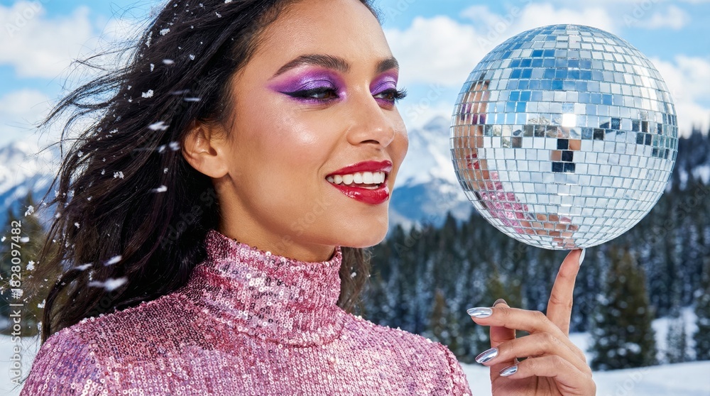 Naklejka premium Holiday event. Smiling hispanic woman with bold purple makeup and a pink sequin sweater balances a shiny disco ball on her finger outdoors in a snowy mountain with falling snow. New year dance party