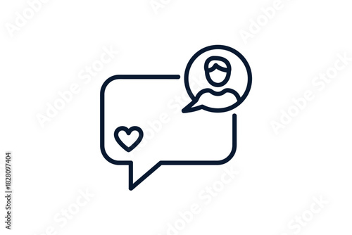 A speech bubble icon with a person and a heart symbol, representing communication.