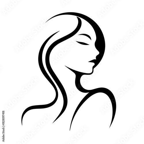 Black & white vector silhouette of minimalist female portrait outline on white background