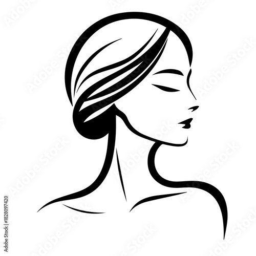 Black & white vector silhouette of minimalist female portrait outline on white background