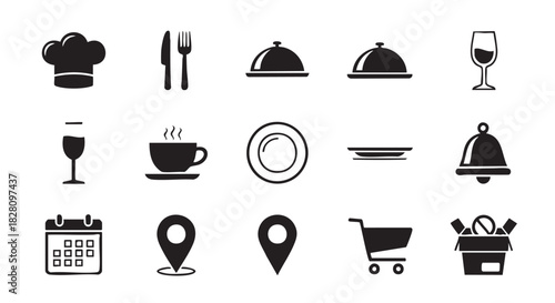 Restaurant dining icons collection of chef hat glass cup date location