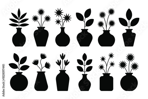 A collection of silhouette illustrations of various potted plants and flowers in vases, arranged in two rows.
