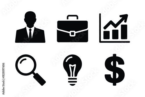 A collection of six black business-related icons, including a man in a suit, a briefcase, a bar graph with an upward arrow, a magnifying glass, a lightbulb, and a dollar sign.