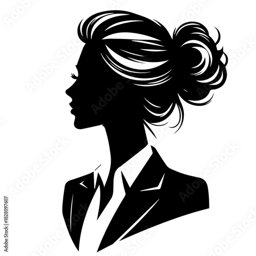 Black & white vector silhouette of stylish business woman profile on white background