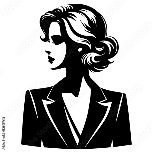 Black & white vector silhouette of stylish business woman profile on white background