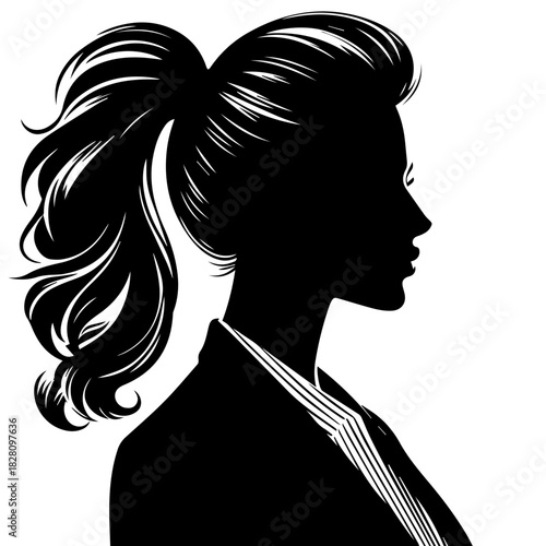 Black & white vector silhouette of stylish business woman profile on white background