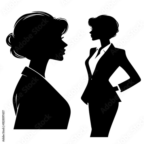 Black & white vector silhouette of stylish business woman profile on white background
