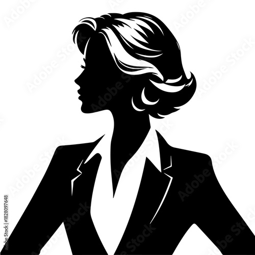 Black & white vector silhouette of stylish business woman profile on white background