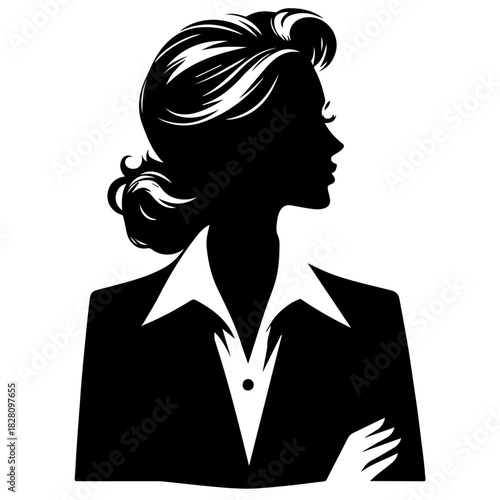 Black & white vector silhouette of stylish business woman profile on white background