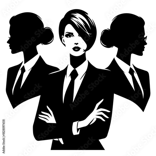 Black & white vector silhouette of stylish business woman profile on white background
