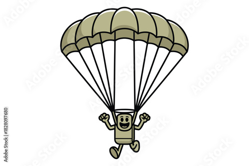 A cartoon character joyfully parachutes down with a deployed canopy, illustrating adventure and extreme sports.