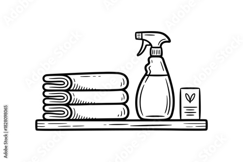 A spray bottle and folded towels are displayed on a shelf.