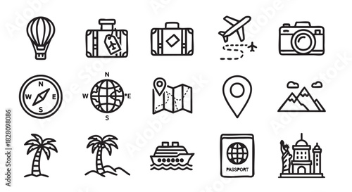 Set of travel icons in simple outlined vector style design