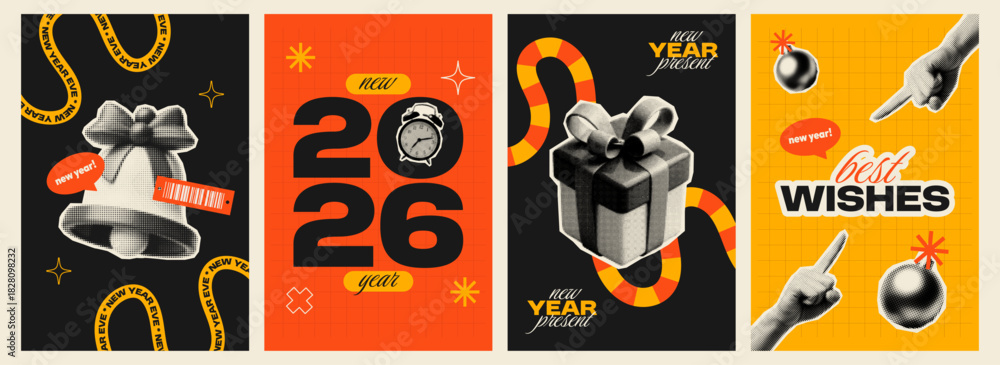 Fototapeta premium Bold New Year 2026 collage posters with halftone textures, retro shapes, grid backgrounds, and festive elements like gifts, bells, alarm clocks, and playful typography.