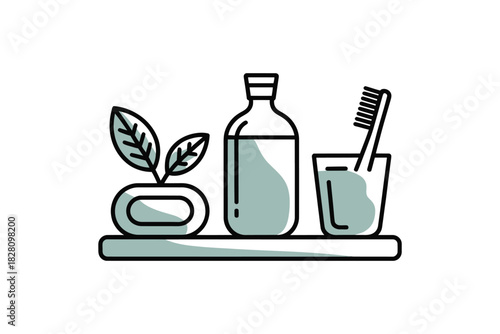 A minimalist illustration of bathroom essentials on a shelf.