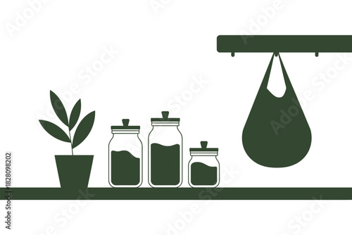 A potted plant, three glass jars, and a hanging bag sit on a shelf.