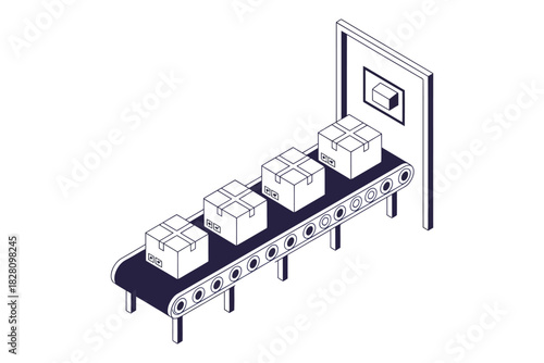 Cardboard boxes move along a conveyor belt in a factory.