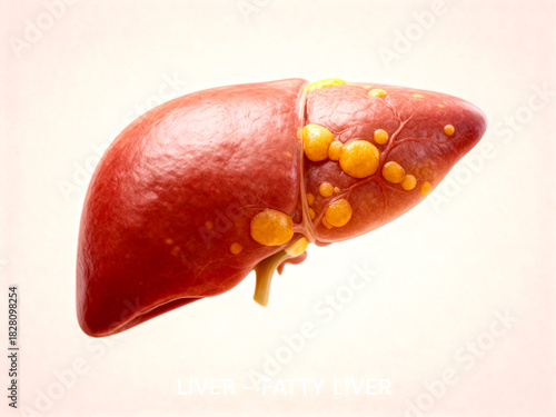 A clear 3D illustration of a human fatty liver showing excess fat deposits and tissue damage. Useful for medical education, liver disease awareness, and healthcare visuals.