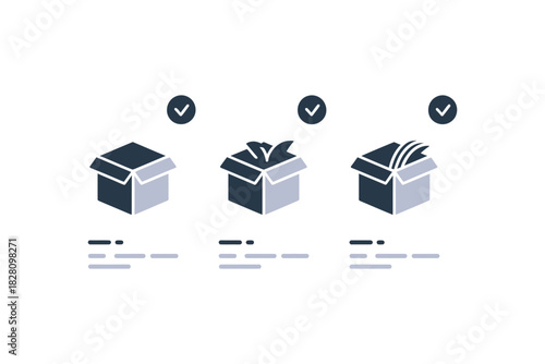 Three open boxes with checkmarks above them, representing successful delivery or packing.